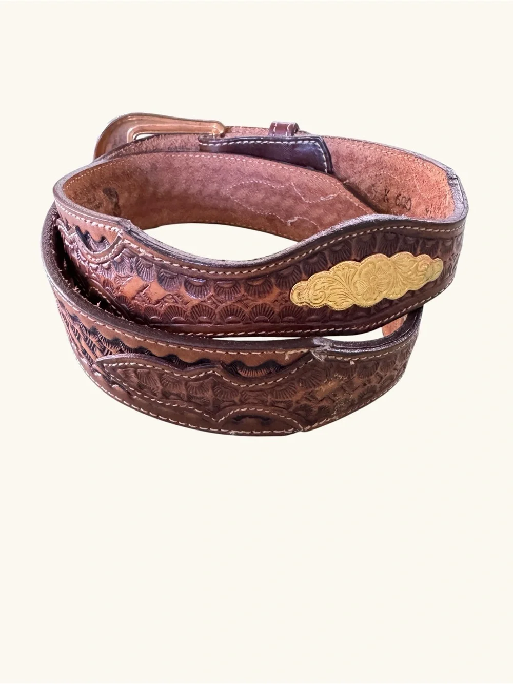 Vintage Nocona Western Tooled Leather Belt Gold Floral Conchos Engraved Buckle